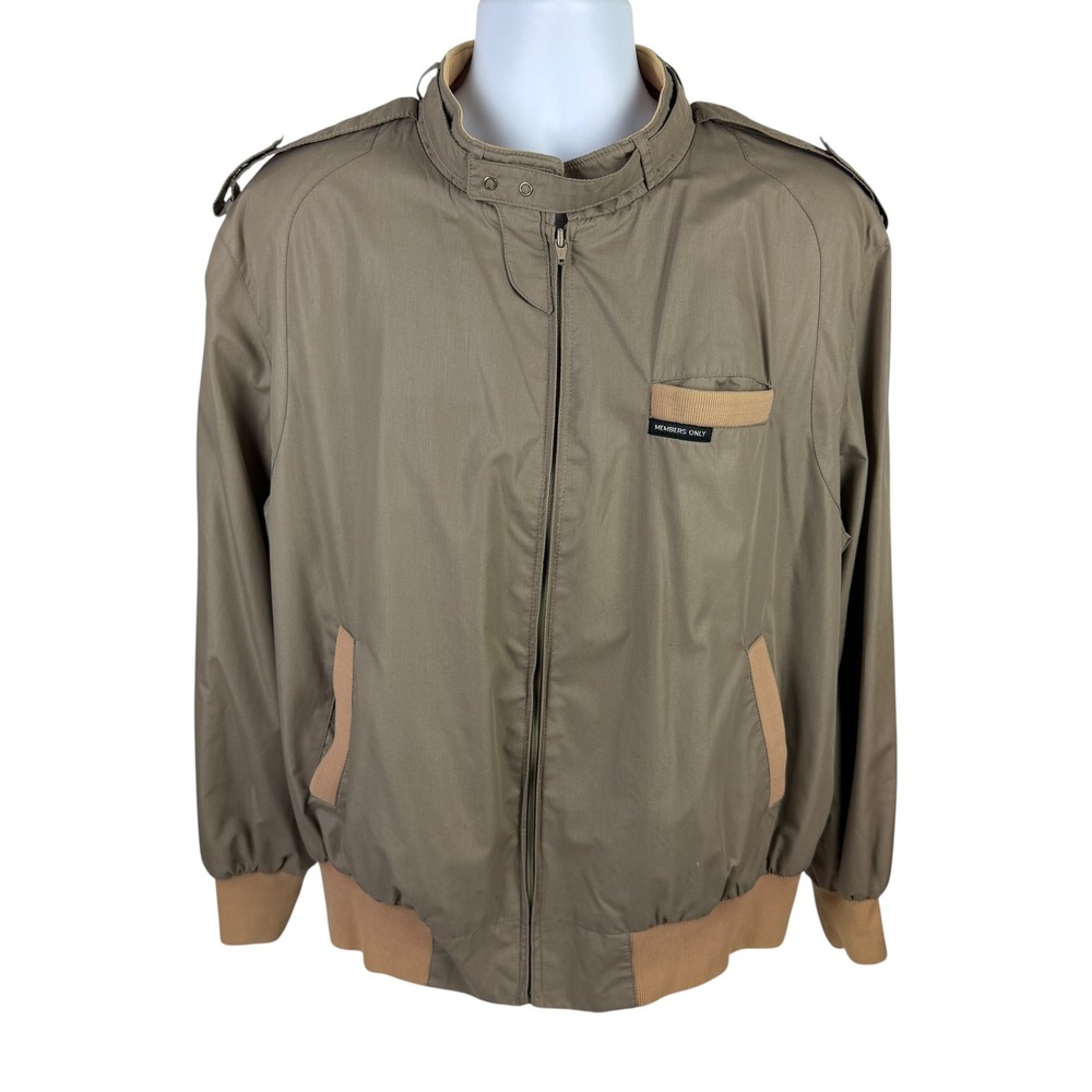 Members Only Men's 1X Khaki Tan Racer Jacket Vintage Epaulette Full Zip Bomber